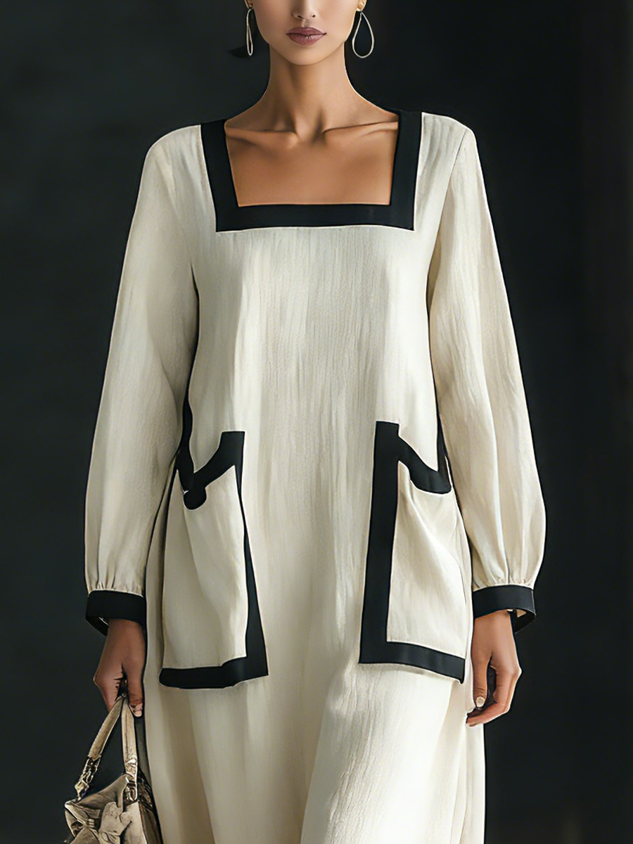 Women's Beige Cotton And Linen Blend Square-Neck Maxi Dress With Black